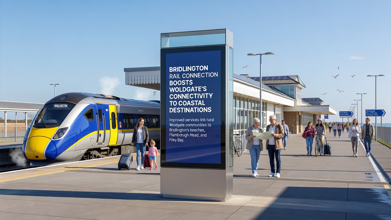 Passengers boarding a train at the upgraded Woldgate platform with coastal scenery visible in the distance
