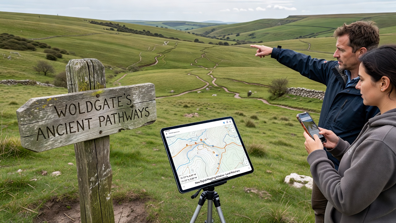 Historians using digital tablets and GPS equipment to record pathway coordinates in the field