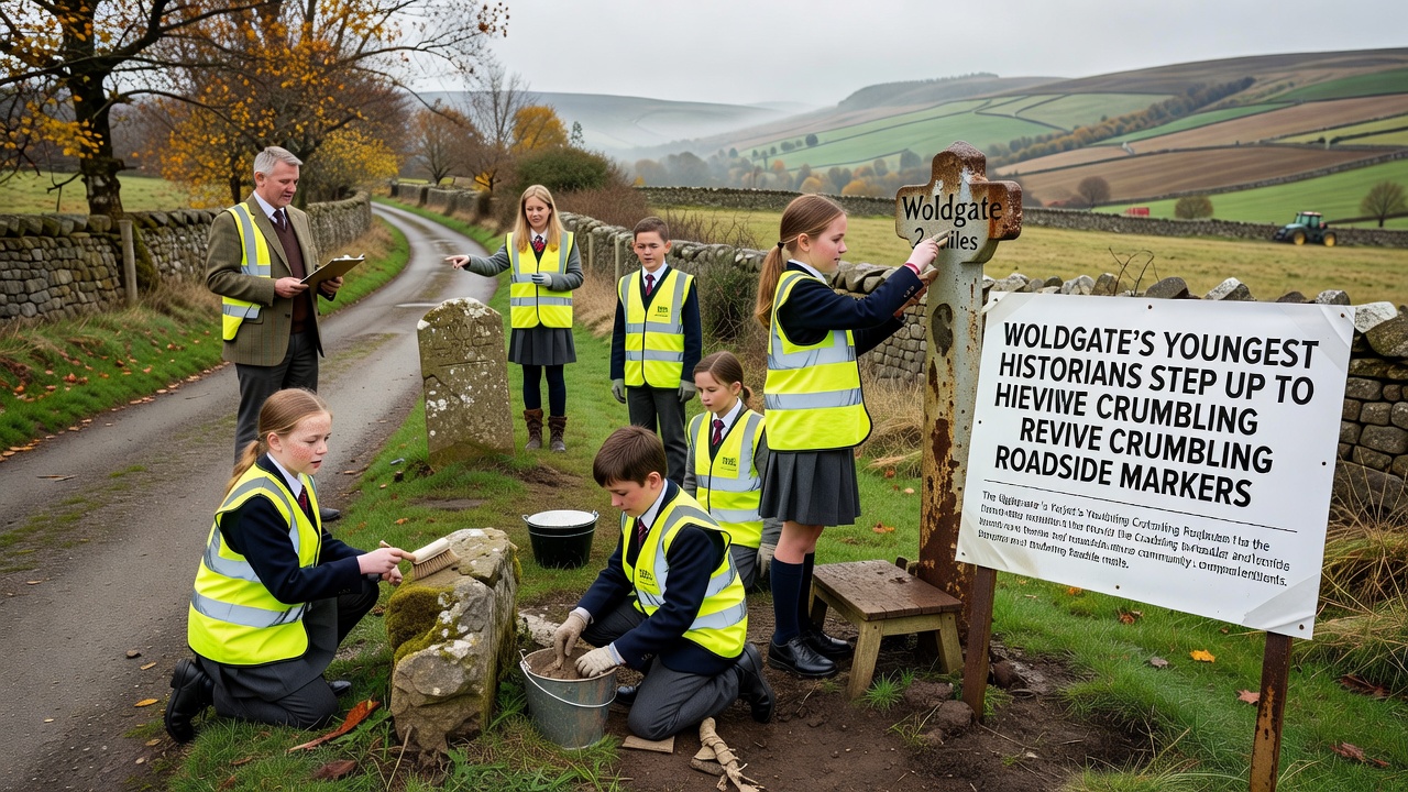 Group of young people carefully cleaning and repairing a traditional roadside marker stone in the Yorkshire Wolds